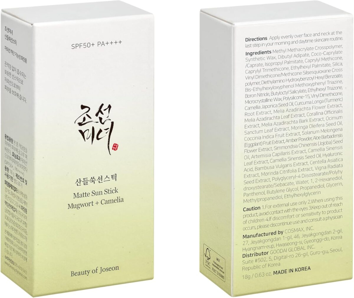 BEAUTY OF JOSEON Matte Sun Stick : Mugwort + Camelia